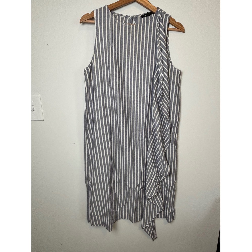 Kal Rieman Womens Blue White Striped Cotton Ruffle Sleeveless Shift Dress S USA
